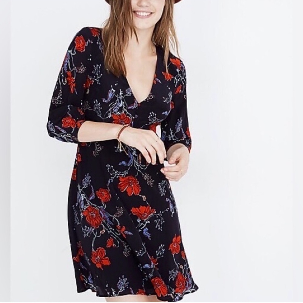 Madewell 100% Silk Lined Short Ruffle Dress DarkGrey Floral Poppies Women’s US 0